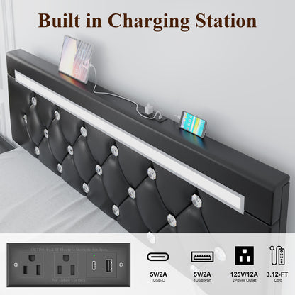 E-motie Bed Frame with Storage Drawers and Led Headboard, Platform Bed Frame Charging Station