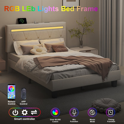 E-motie LED Bed with Charging Station, Platform Bed Frame with Upholstered Button Headboard