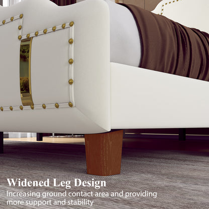 Velvet Upholstered Bed frame, Golden Metal Riveted and Sequined Headboard