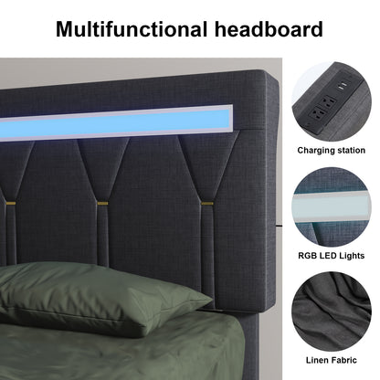E-motie LED Bed with Charging Station, Platform Bed Frame with Upholstered Button Headboard