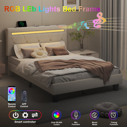 E-motie Upholstered Bed Frame with Adjustable Headboard, LED Platform Bed with Bluetooth Speakers,Charging Station