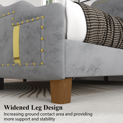 Velvet Upholstered Bed frame, Golden Metal Riveted and Sequined Headboard