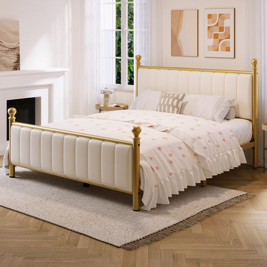 E-Motie Metal Platform Bed Frame with Upholstered Headboard, Easy Assembly, No Box Spring Needed