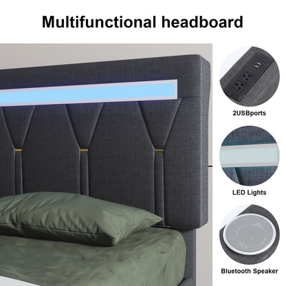 E-motie Upholstered Bed Frame with Adjustable Headboard, LED Platform Bed with Bluetooth Speakers,Charging Station