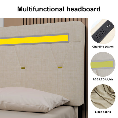 E-motie LED Bed with Charging Station, Platform Bed Frame with Upholstered Button Headboard
