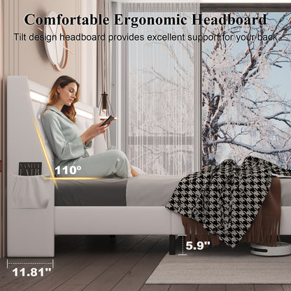E-motie Upholstered LED Bed Frame, Wingback Crystal Button Tufted, LED&Charging Station