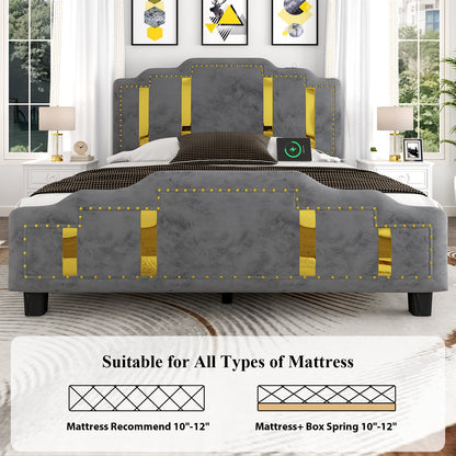 Velvet Upholstered Bed frame, Golden Metal Riveted and Sequined Headboard