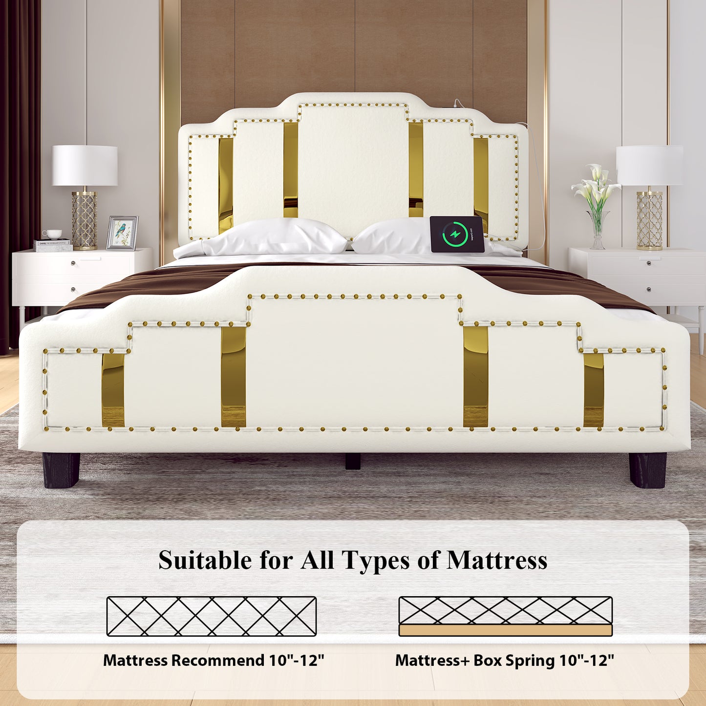 Velvet Upholstered Bed frame, Golden Metal Riveted and Sequined Headboard