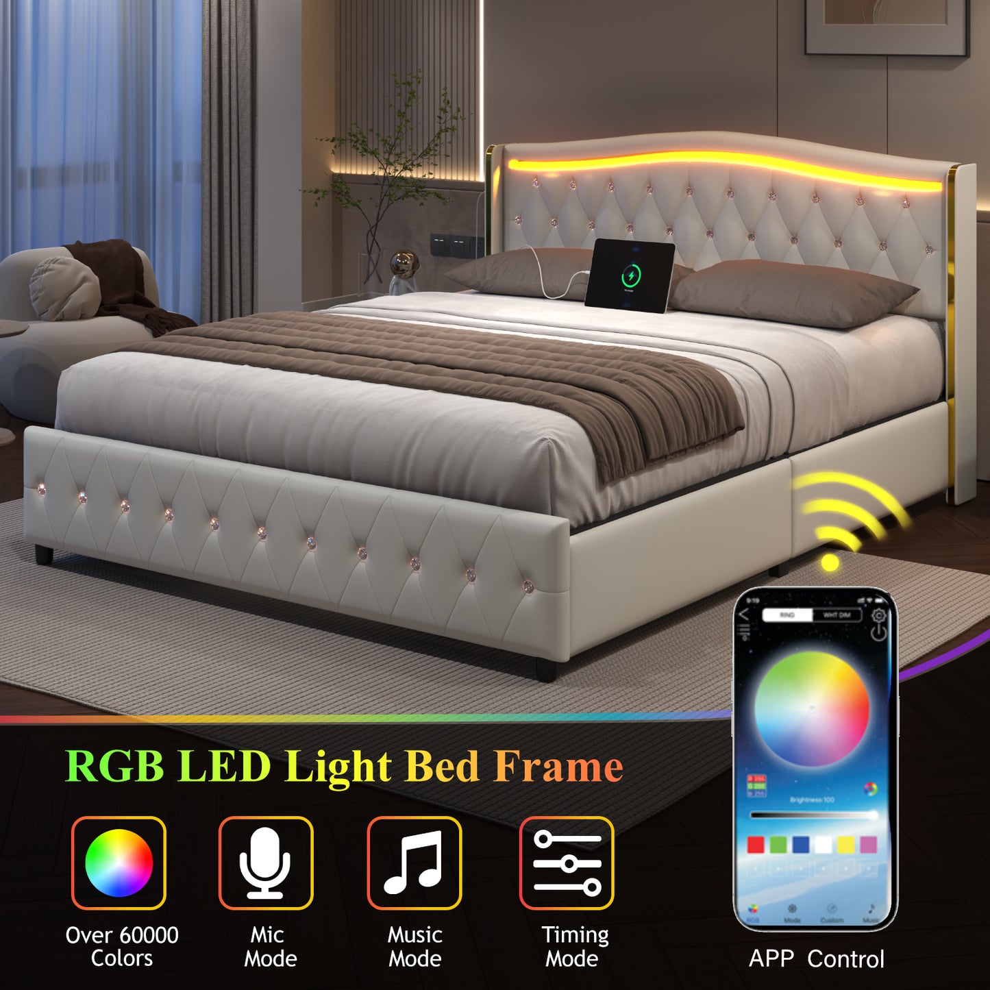 Bed Frame with LED Lights and 4 Storage Drawers, PU Leather Wingback Upholstered Platform Bed, Charging Station, Modern Faux Leather Headboard, No Box Spring Needed