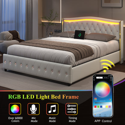 Bed Frame with LED Lights and 4 Storage Drawers, PU Leather Wingback Upholstered Platform Bed, Charging Station, Modern Faux Leather Headboard, No Box Spring Needed