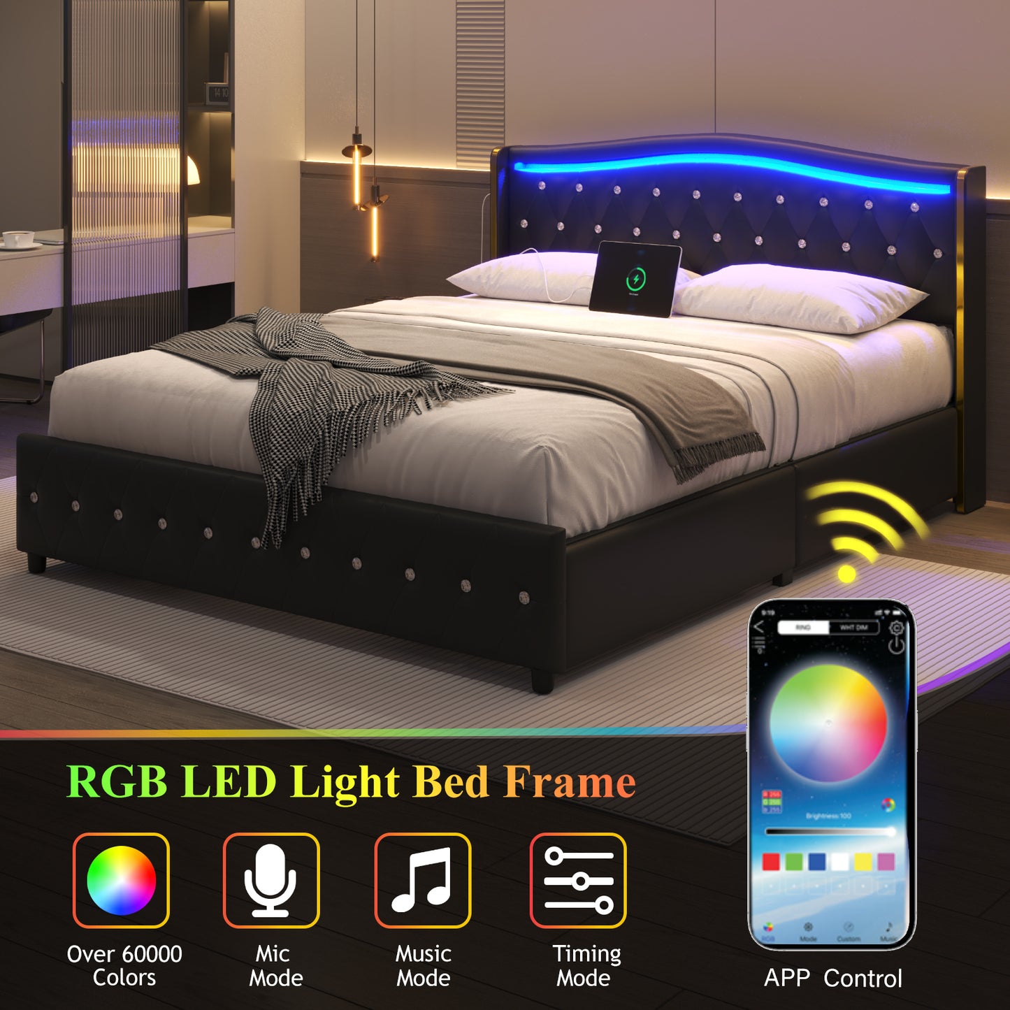 Bed Frame with LED Lights and 4 Storage Drawers, PU Leather Wingback Upholstered Platform Bed, Charging Station, Modern Faux Leather Headboard, No Box Spring Needed