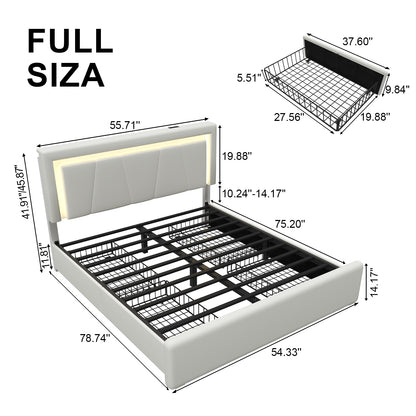Upholstered Bed Frame with Adjustable Headboard, Upholstered Platform LED Lights Bed Frame with Charging Station