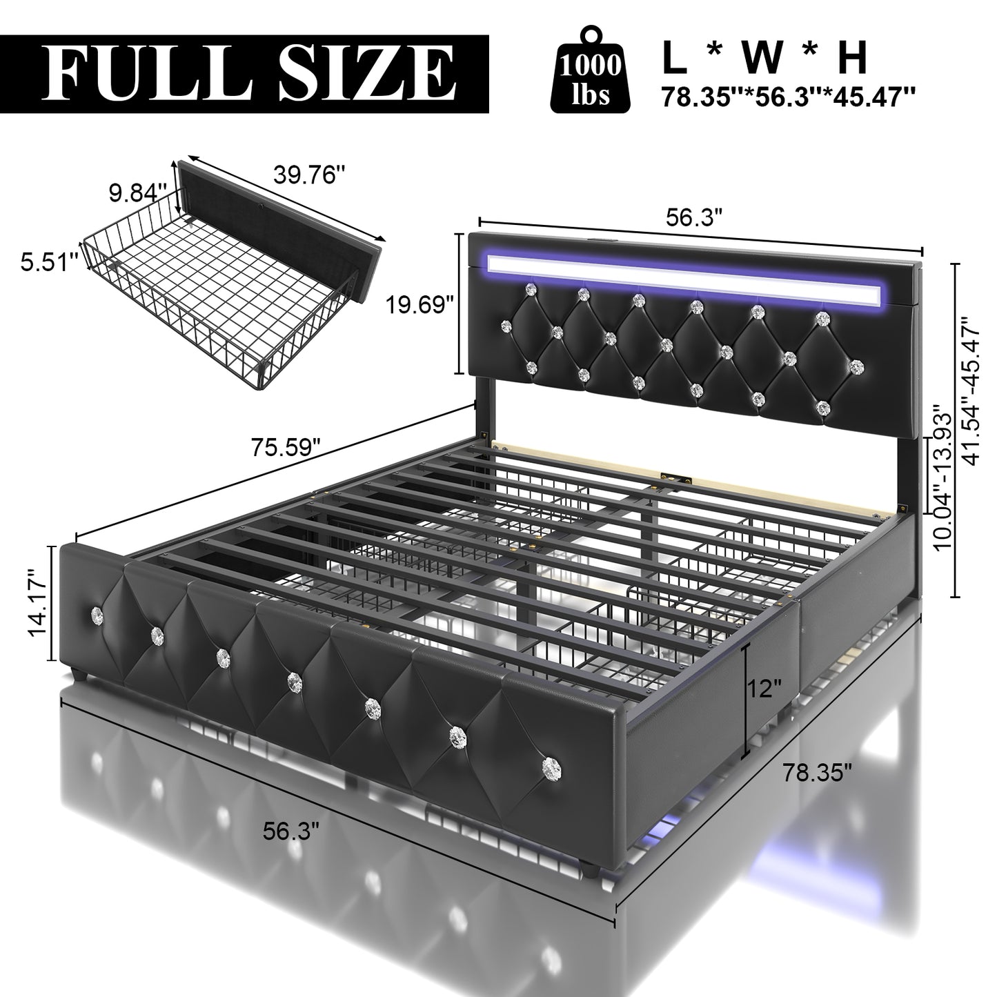 E-motie Bed Frame with Storage Drawers and Led Headboard, Platform Bed Frame Charging Station