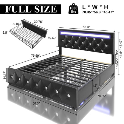 E-motie Bed Frame with Storage Drawers and Led Headboard, Platform Bed Frame Charging Station