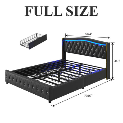 Bed Frame with LED Lights and 4 Storage Drawers, PU Leather Wingback Upholstered Platform Bed, Charging Station, Modern Faux Leather Headboard, No Box Spring Needed