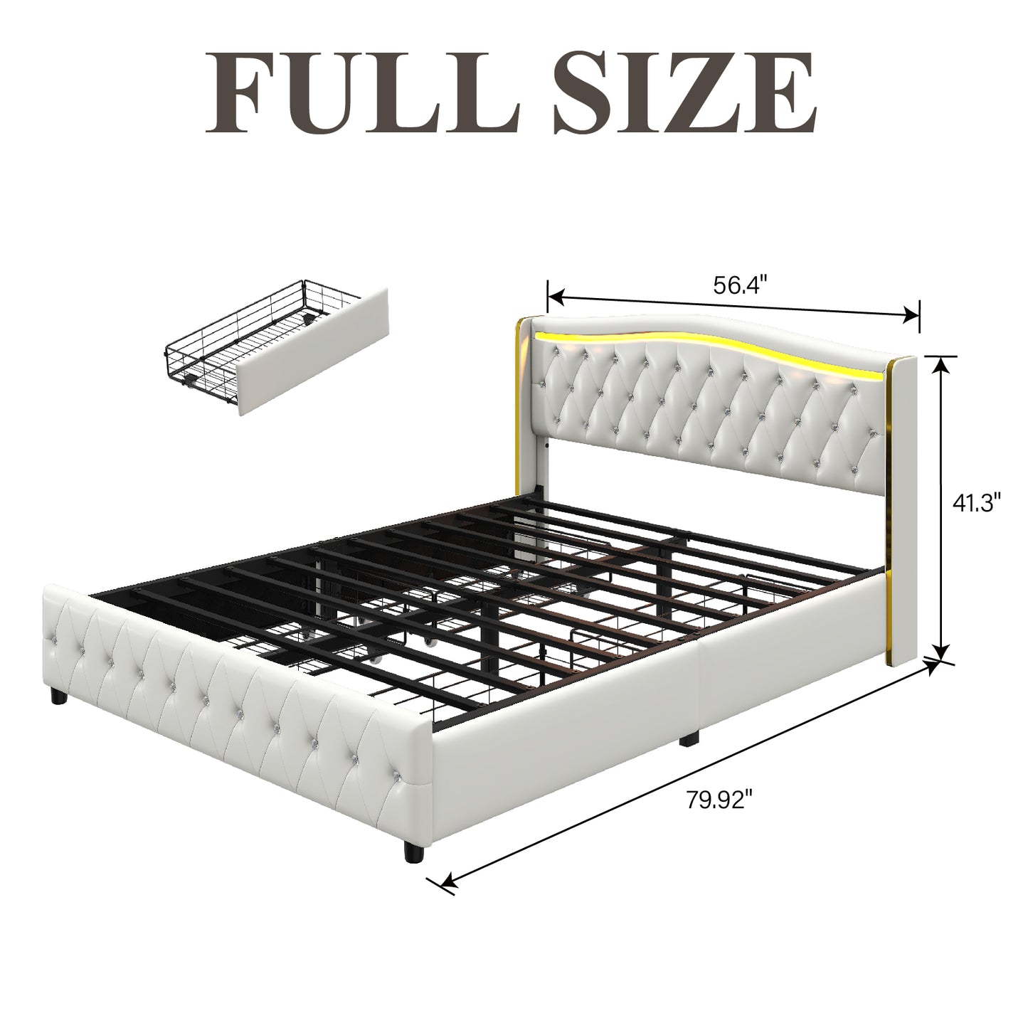 Bed Frame with LED Lights and 4 Storage Drawers, PU Leather Wingback Upholstered Platform Bed, Charging Station, Modern Faux Leather Headboard, No Box Spring Needed