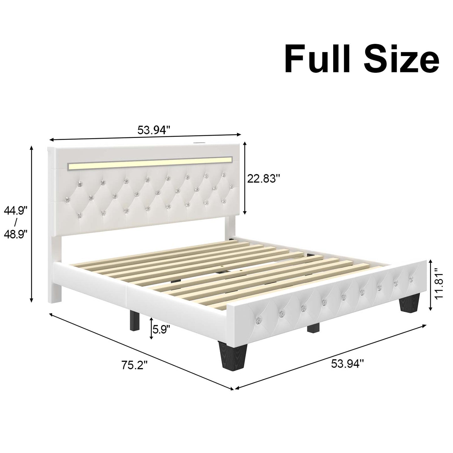 Bed Frame with Adjustable Headboard, Faux Leather Upholstered Platform Bed Frame with LED&Charging Station, Wood Slats Support