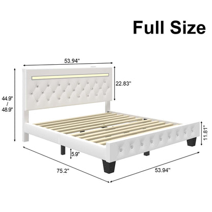 Bed Frame with Adjustable Headboard, Faux Leather Upholstered Platform Bed Frame with LED&Charging Station, Wood Slats Support