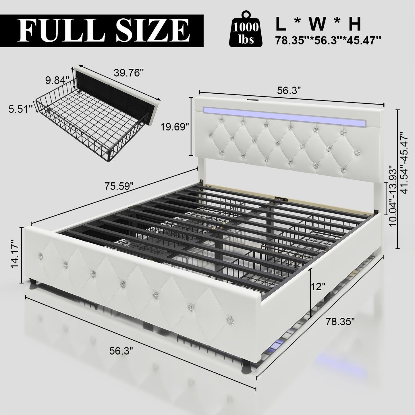 E-motie Bed Frame with Storage Drawers and Led Headboard, Platform Bed Frame Charging Station