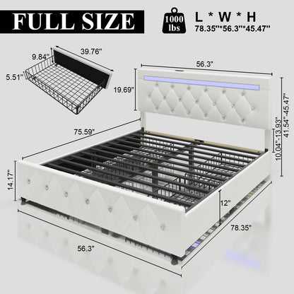 E-motie Bed Frame with Storage Drawers and Led Headboard, Platform Bed Frame Charging Station