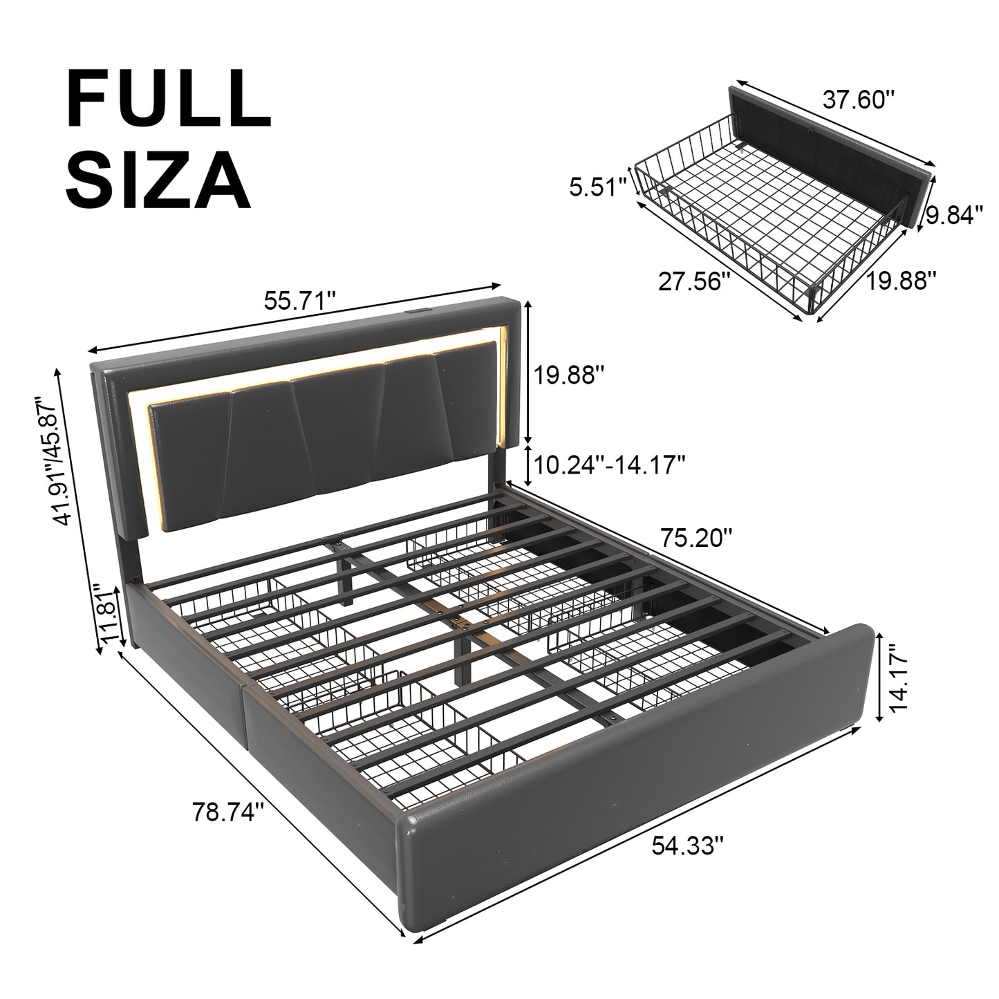 Upholstered Bed Frame with Adjustable Headboard, Upholstered Platform LED Lights Bed Frame with Charging Station