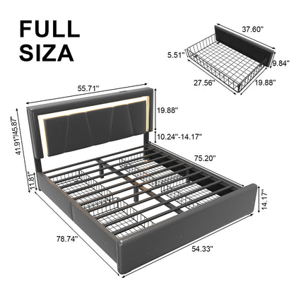 Upholstered Bed Frame with Adjustable Headboard, Upholstered Platform LED Lights Bed Frame with Charging Station