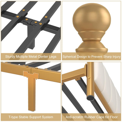 E-Motie Metal Platform Bed Frame with Upholstered Headboard, Easy Assembly, No Box Spring Needed