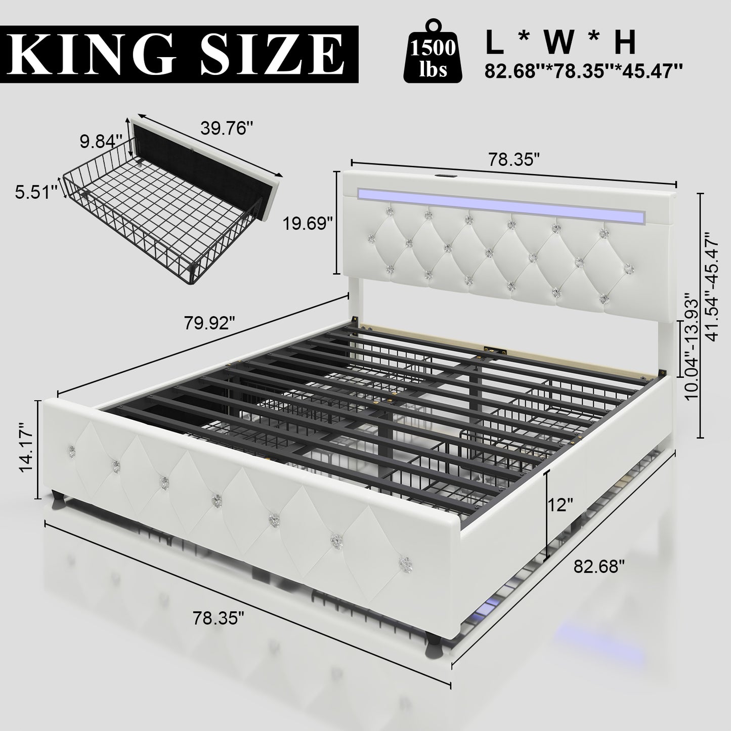 E-motie Bed Frame with Storage Drawers and Led Headboard, Platform Bed Frame Charging Station