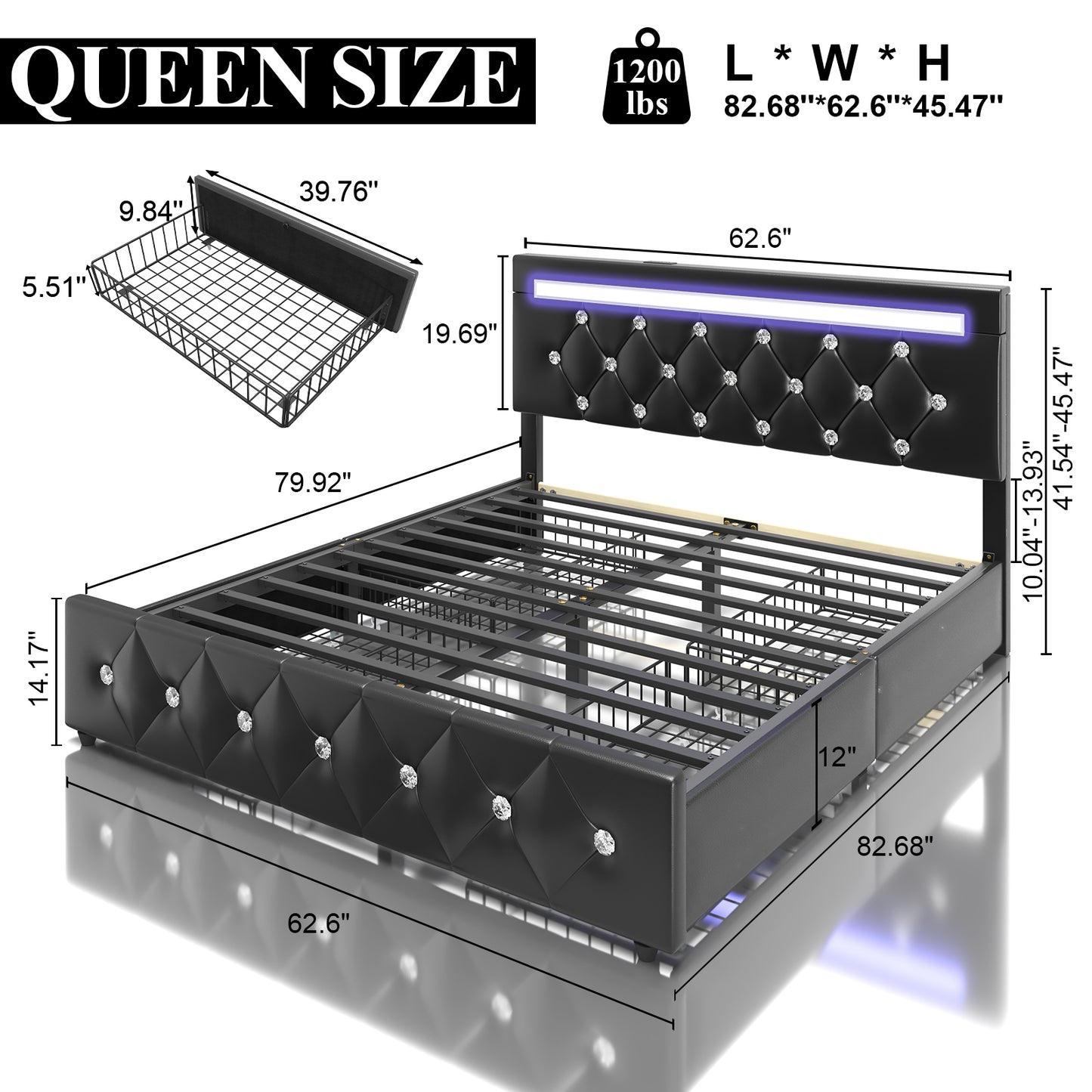 E-motie Bed Frame with Storage Drawers and Led Headboard, Platform Bed Frame Charging Station