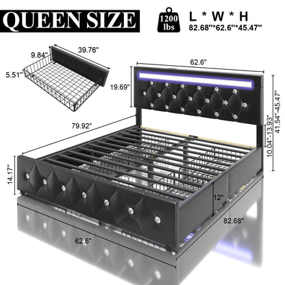 E-motie Bed Frame with Storage Drawers and Led Headboard, Platform Bed Frame Charging Station