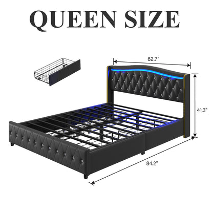 Bed Frame with LED Lights and 4 Storage Drawers, PU Leather Wingback Upholstered Platform Bed, Charging Station, Modern Faux Leather Headboard, No Box Spring Needed