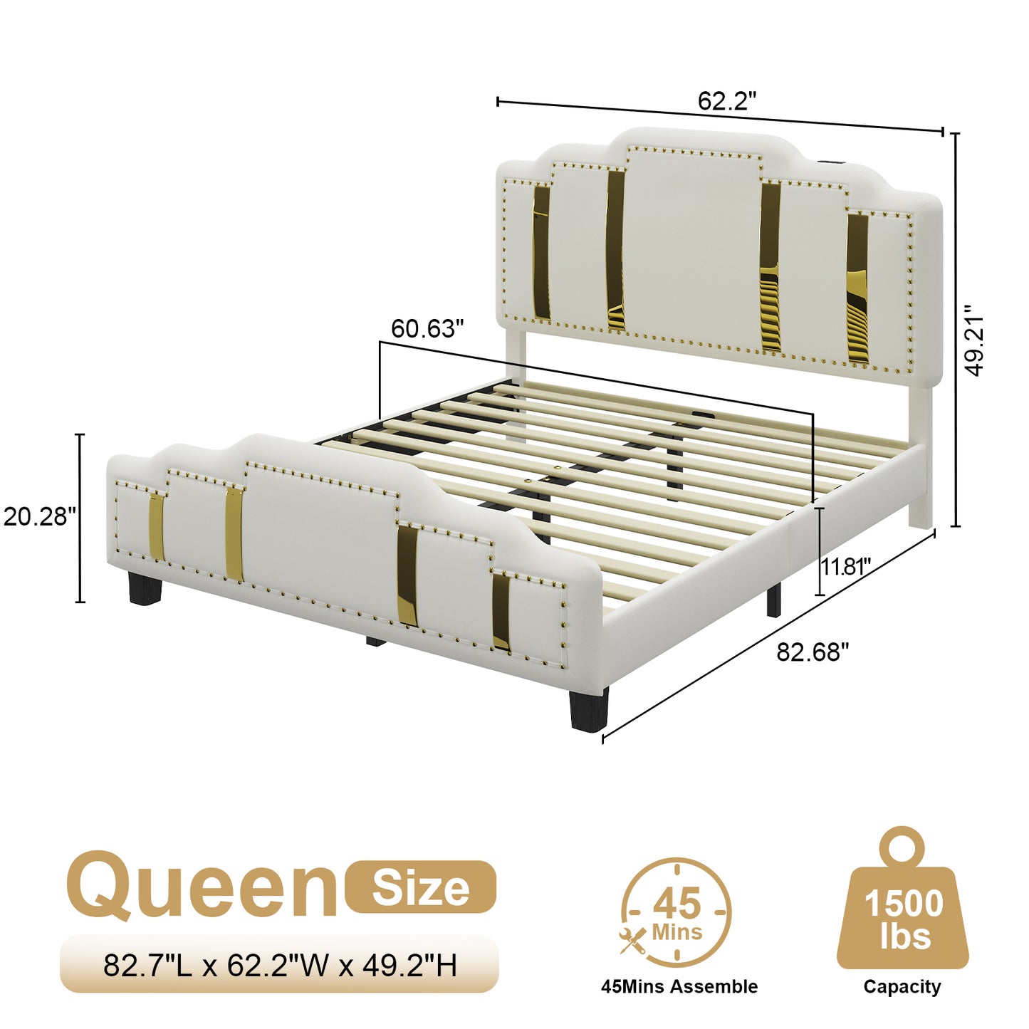 Velvet Upholstered Bed frame, Golden Metal Riveted and Sequined Headboard