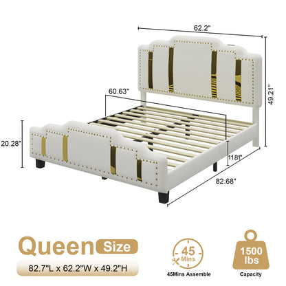 Velvet Upholstered Bed frame, Golden Metal Riveted and Sequined Headboard