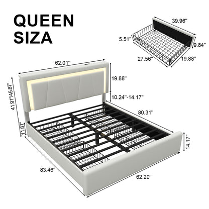 Upholstered Bed Frame with Adjustable Headboard, Upholstered Platform LED Lights Bed Frame with Charging Station