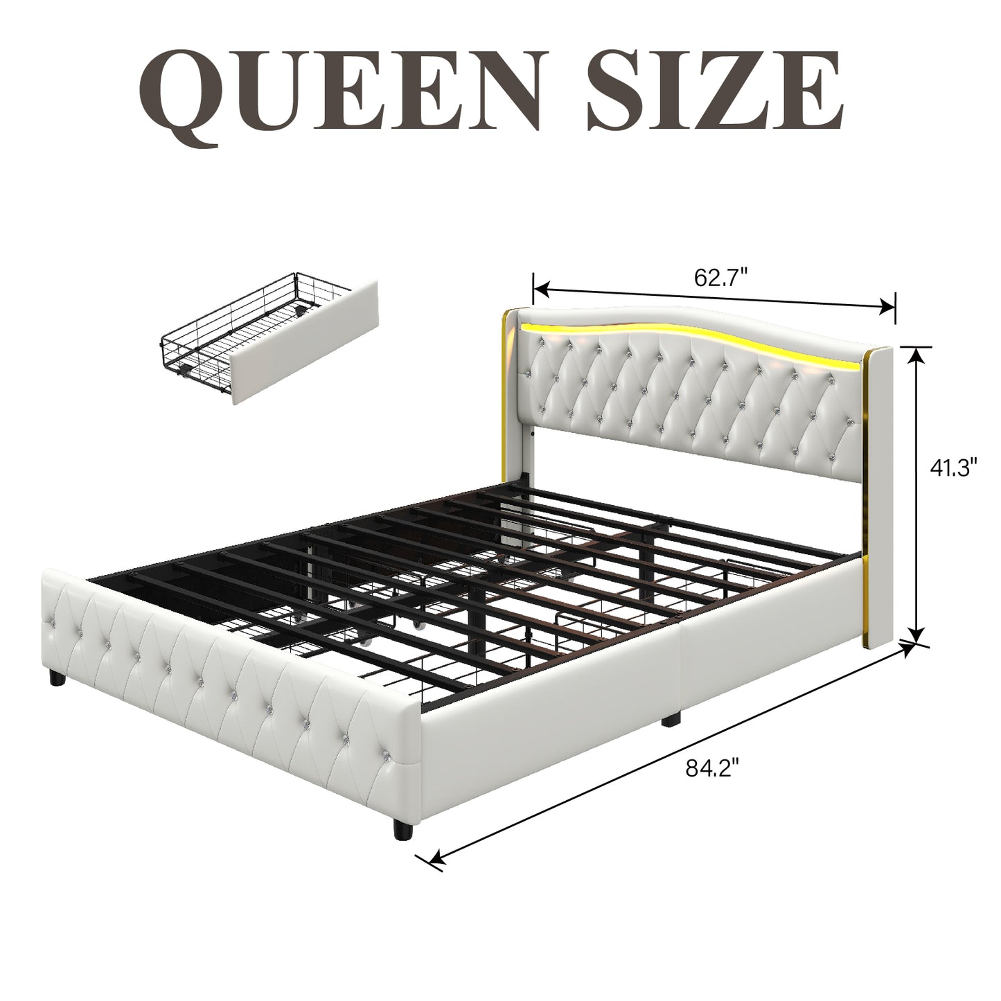 Bed Frame with LED Lights and 4 Storage Drawers, PU Leather Wingback Upholstered Platform Bed, Charging Station, Modern Faux Leather Headboard, No Box Spring Needed