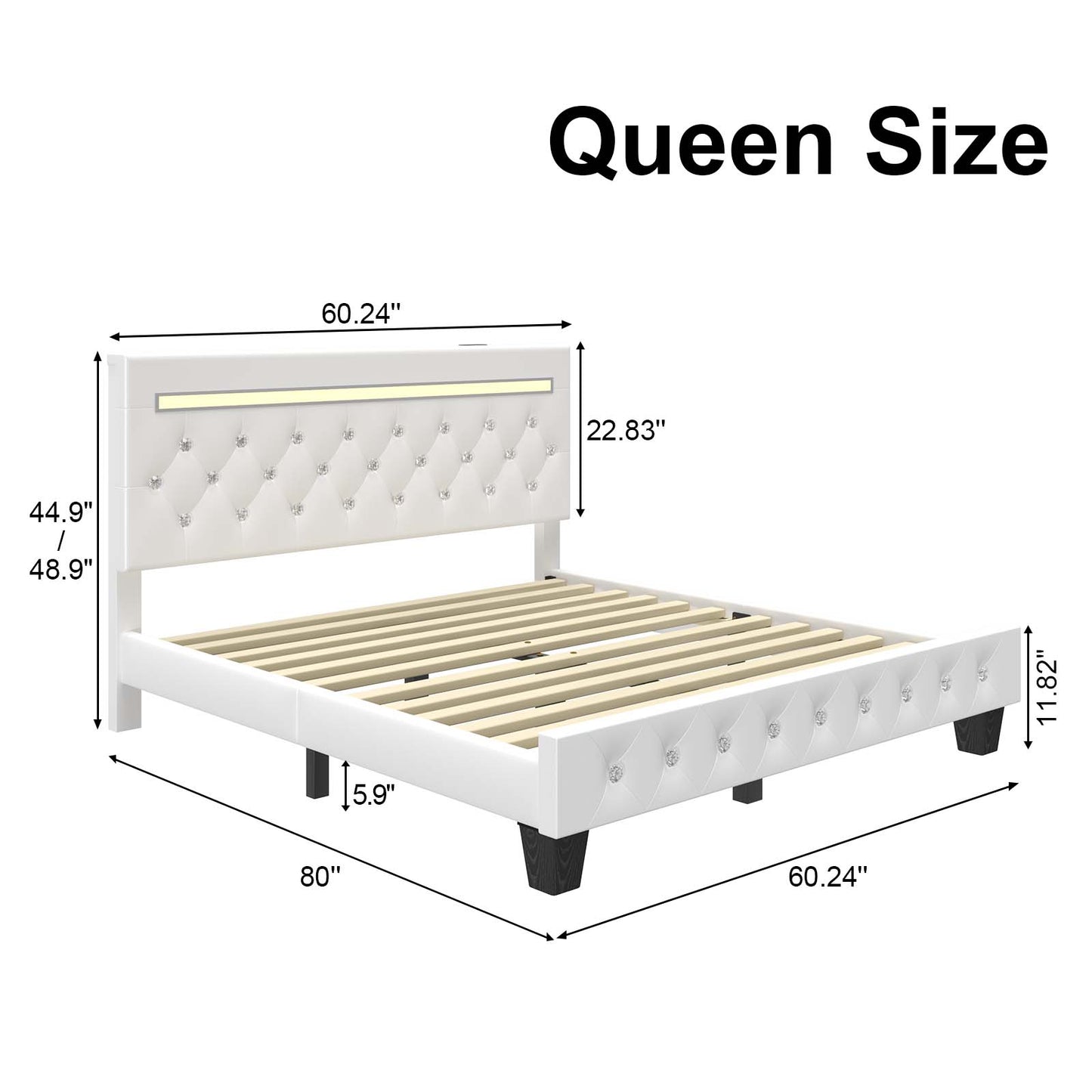 Bed Frame with Adjustable Headboard, Faux Leather Upholstered Platform Bed Frame with LED&Charging Station, Wood Slats Support