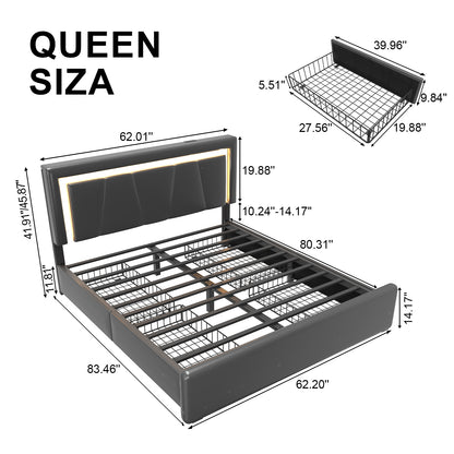 Upholstered Bed Frame with Adjustable Headboard, Upholstered Platform LED Lights Bed Frame with Charging Station