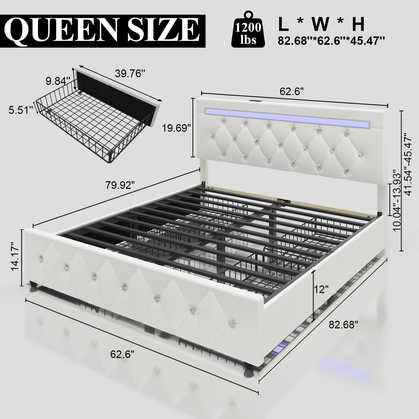 E-motie Bed Frame with Storage Drawers and Led Headboard, Platform Bed Frame Charging Station